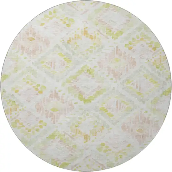 8' Pink Lime Green And Ivory Geometric Washable Round Rug With UV Protection Photo 3