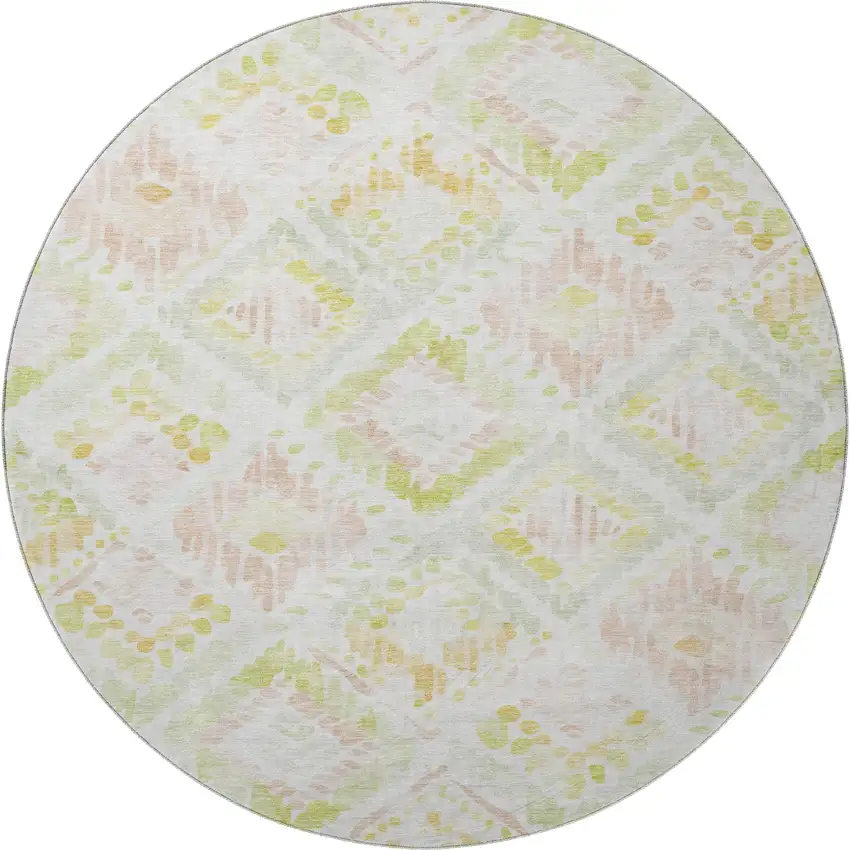 8' Pink Lime Green And Ivory Geometric Washable Round Rug With UV Protection Photo 3