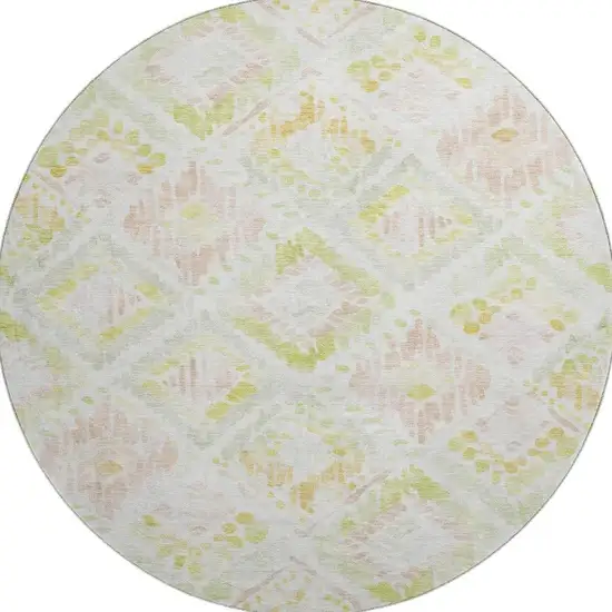 8' Pink Lime Green And Ivory Geometric Washable Round Rug With UV Protection Photo 2