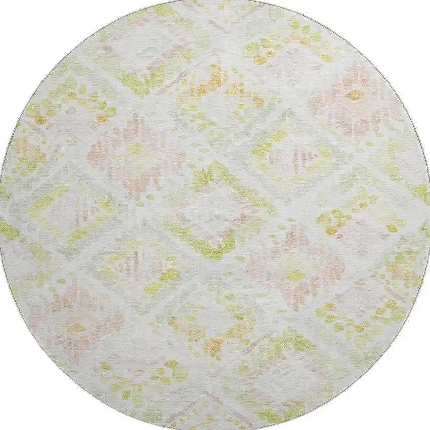 8' Pink Lime Green And Ivory Geometric Washable Round Rug With UV Protection Photo 2