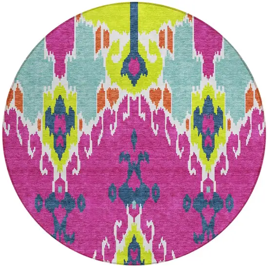 8' Pink Lime Green And Orange Round Ikat Washable Indoor Outdoor Area Rug Photo 6