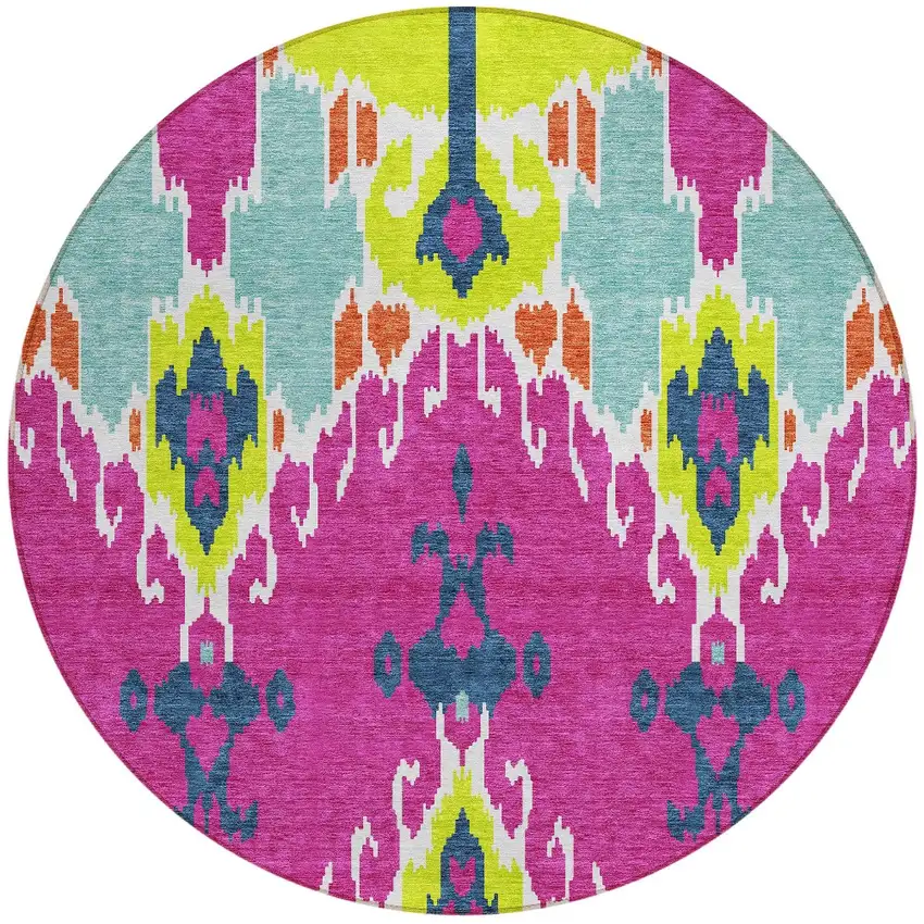 8' Pink Lime Green And Orange Round Ikat Washable Indoor Outdoor Area Rug Photo 6