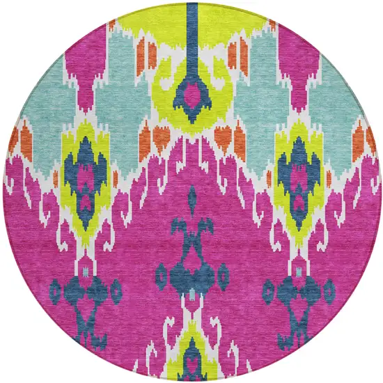 8' Pink Lime Green And Orange Round Ikat Washable Indoor Outdoor Area Rug Photo 1