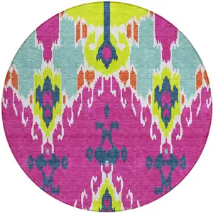 Photo of 8' Pink Lime Green And Orange Round Ikat Washable Indoor Outdoor Area Rug
