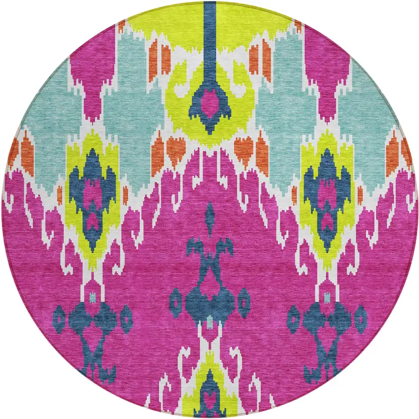 8' Pink Lime Green And Orange Round Ikat Washable Indoor Outdoor Area Rug Photo 1
