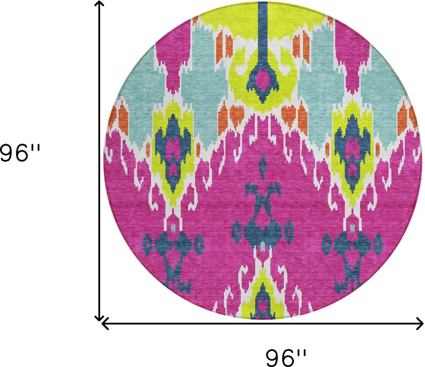 8' Pink Lime Green And Orange Round Ikat Washable Indoor Outdoor Area Rug Photo 9
