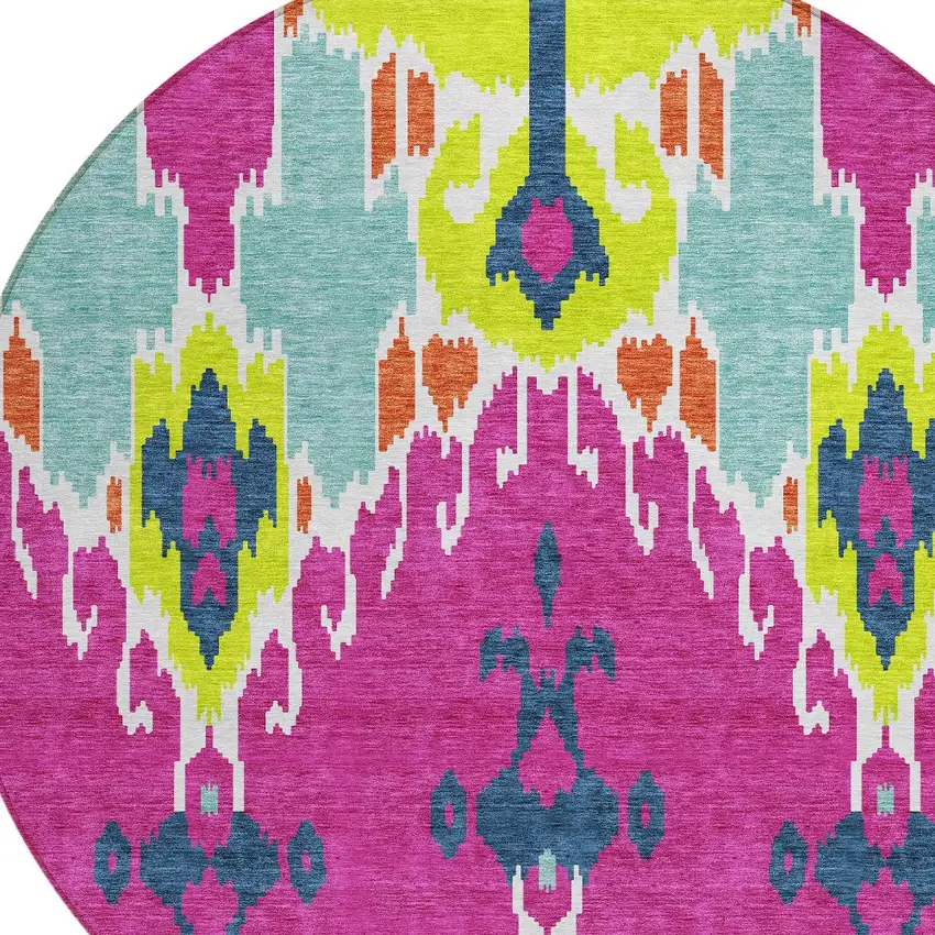 8' Pink Lime Green And Orange Round Ikat Washable Indoor Outdoor Area Rug Photo 5