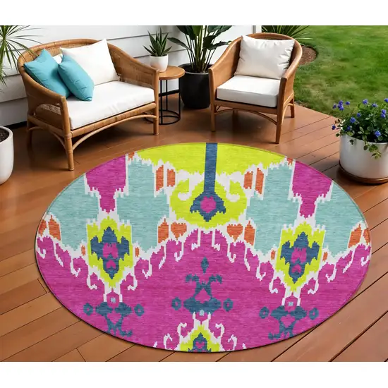 8' Pink Lime Green And Orange Round Ikat Washable Indoor Outdoor Area Rug Photo 1