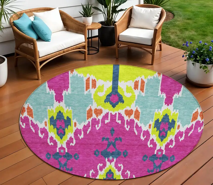 8' Pink Lime Green And Orange Round Ikat Washable Indoor Outdoor Area Rug Photo 1