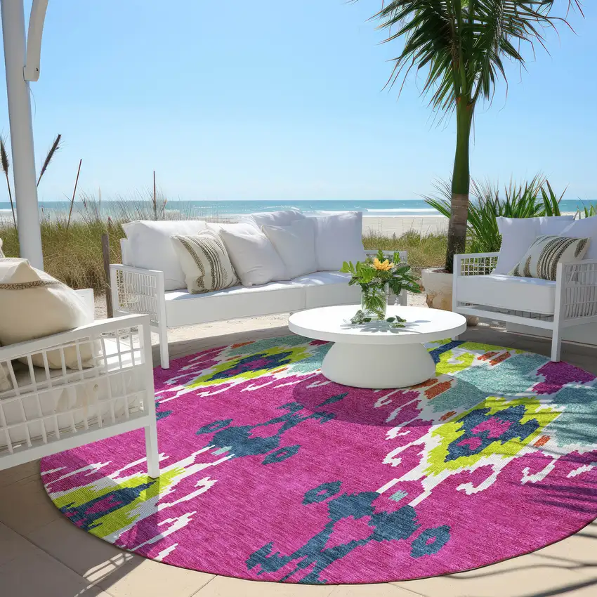 8' Pink Lime Green And Orange Round Ikat Washable Indoor Outdoor Area Rug Photo 7
