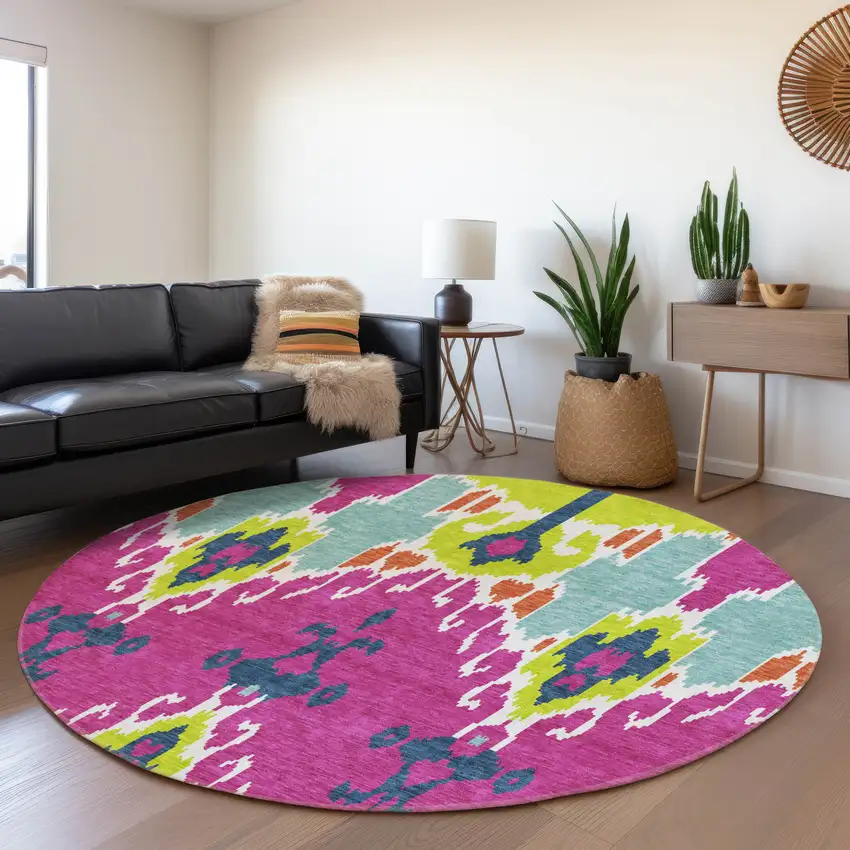 8' Pink Lime Green And Orange Round Ikat Washable Indoor Outdoor Area Rug Photo 8
