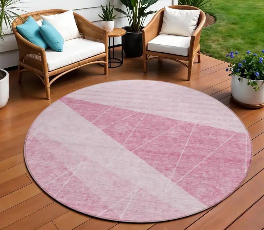 8' Pink Mauve And Blush Round Geometric Washable Indoor Outdoor Area Rug Photo 1