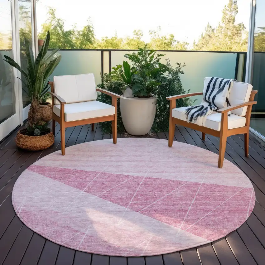 8' Pink Mauve And Blush Round Geometric Washable Indoor Outdoor Area Rug Photo 7