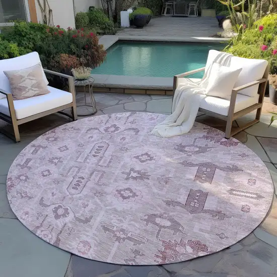 8' Pink Mauve And Blush Round Oriental Washable Indoor Outdoor Area Rug Photo 5