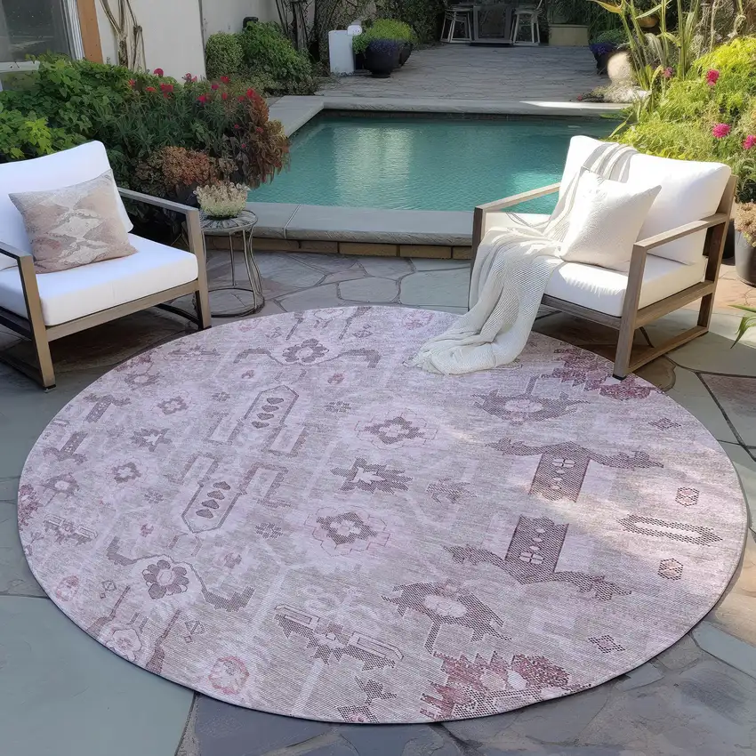 8' Pink Mauve And Blush Round Oriental Washable Indoor Outdoor Area Rug Photo 5