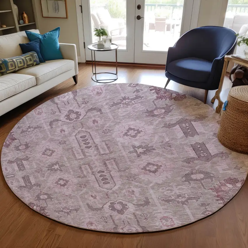 8' Pink Mauve And Blush Round Oriental Washable Indoor Outdoor Area Rug Photo 6