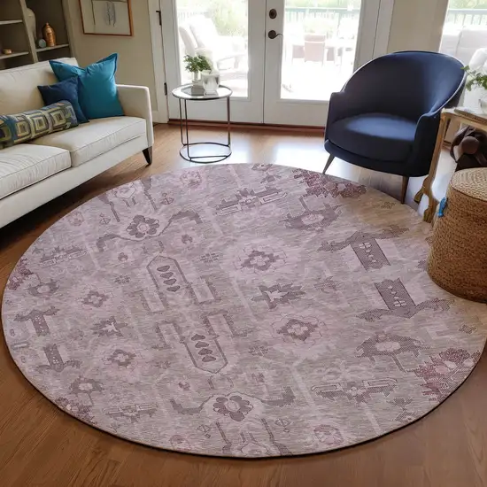 8' Pink Mauve And Blush Round Oriental Washable Indoor Outdoor Area Rug Photo 6