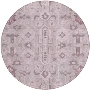 Photo of 8' Pink Mauve And Blush Round Oriental Washable Indoor Outdoor Area Rug