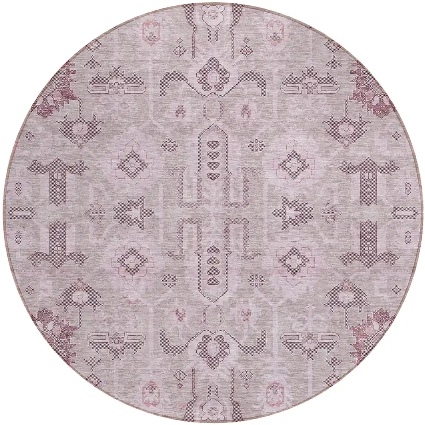 8' Pink Mauve And Blush Round Oriental Washable Indoor Outdoor Area Rug Photo 1