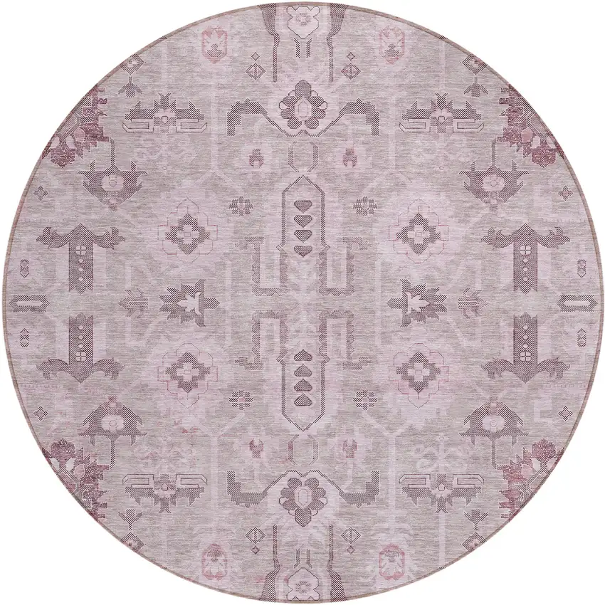 8' Pink Mauve And Blush Round Oriental Washable Indoor Outdoor Area Rug Photo 1