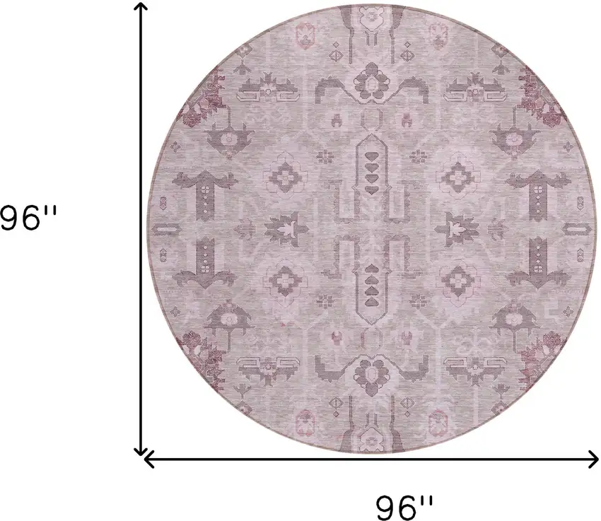 8' Pink Mauve And Blush Round Oriental Washable Indoor Outdoor Area Rug Photo 7
