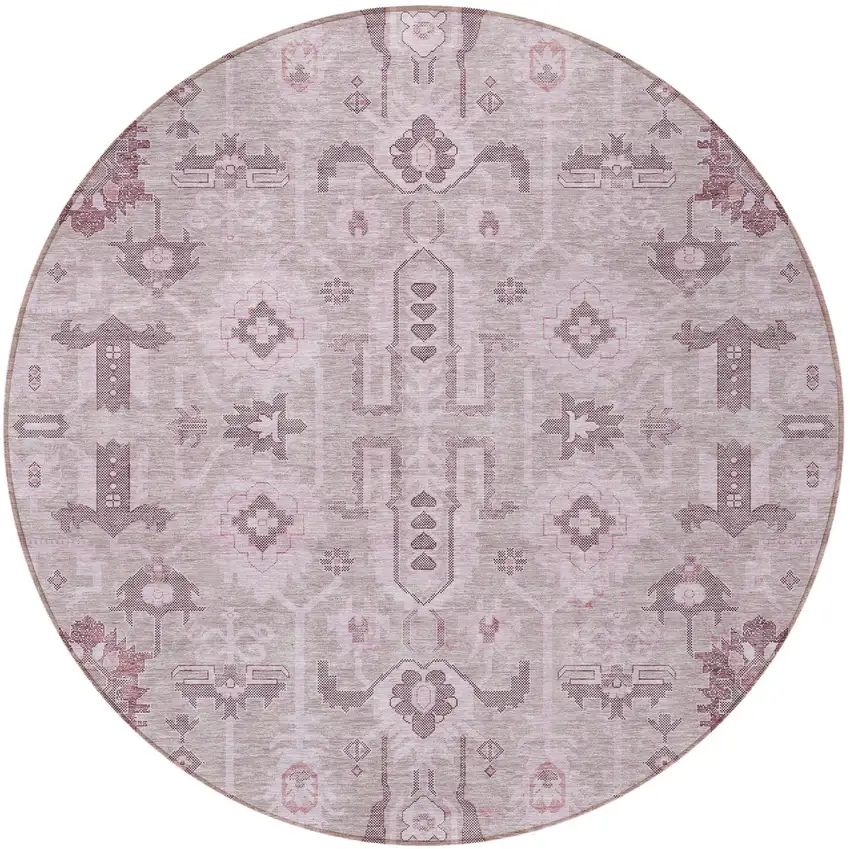 8' Pink Mauve And Blush Round Oriental Washable Indoor Outdoor Area Rug Photo 4