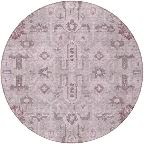 8' Pink Mauve And Blush Round Oriental Washable Indoor Outdoor Area Rug Photo 4