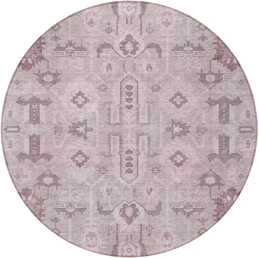 8' Pink Mauve And Blush Round Oriental Washable Indoor Outdoor Area Rug Photo 4