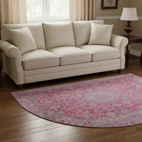 8' Pink Mauve And Gray Floral Medallion Washable Round Rug With UV Protection Photo 2