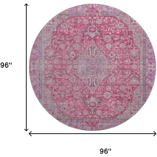 8' Pink Mauve And Gray Floral Medallion Washable Round Rug With UV Protection Photo 9