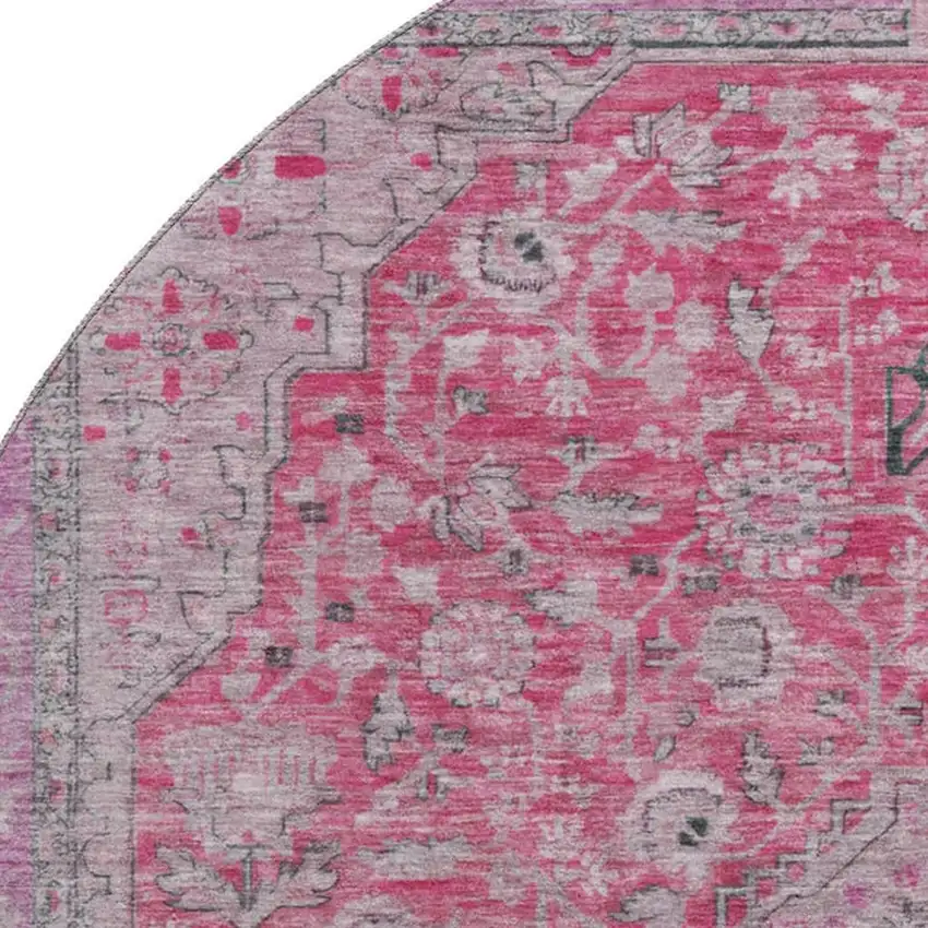 8' Pink Mauve And Gray Floral Medallion Washable Round Rug With UV Protection Photo 2