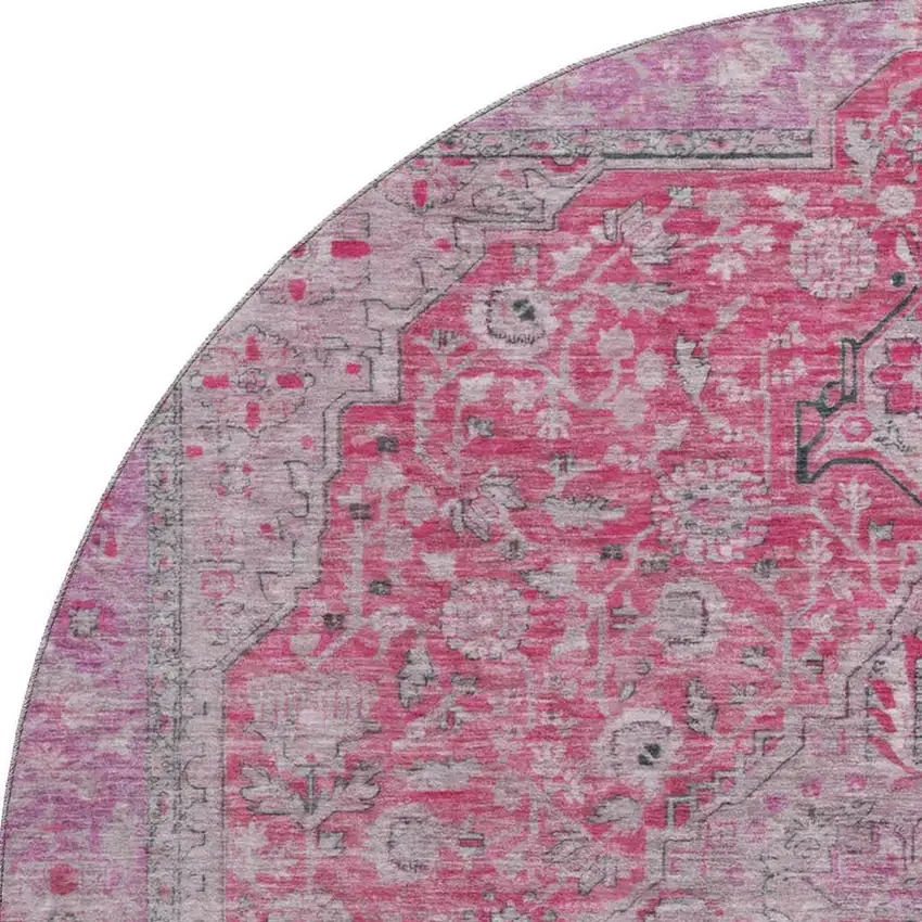 8' Pink Mauve And Gray Floral Medallion Washable Round Rug With UV Protection Photo 4