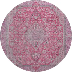 Photo of 8' Pink Mauve And Gray Floral Medallion Washable Round Rug With UV Protection