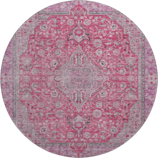 8' Pink Mauve And Gray Floral Medallion Washable Round Rug With UV Protection Photo 1