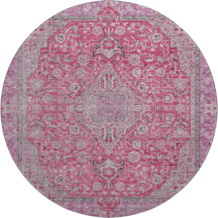 8' Pink Mauve And Gray Floral Medallion Washable Round Rug With UV Protection Photo 1