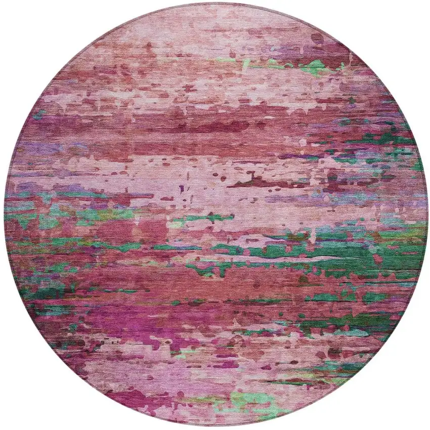 8' Pink Mauve And Green Round Abstract Washable Indoor Outdoor Area Rug Photo 3