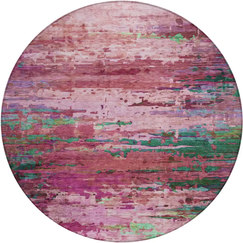 8' Pink Mauve And Green Round Abstract Washable Indoor Outdoor Area Rug Photo 1