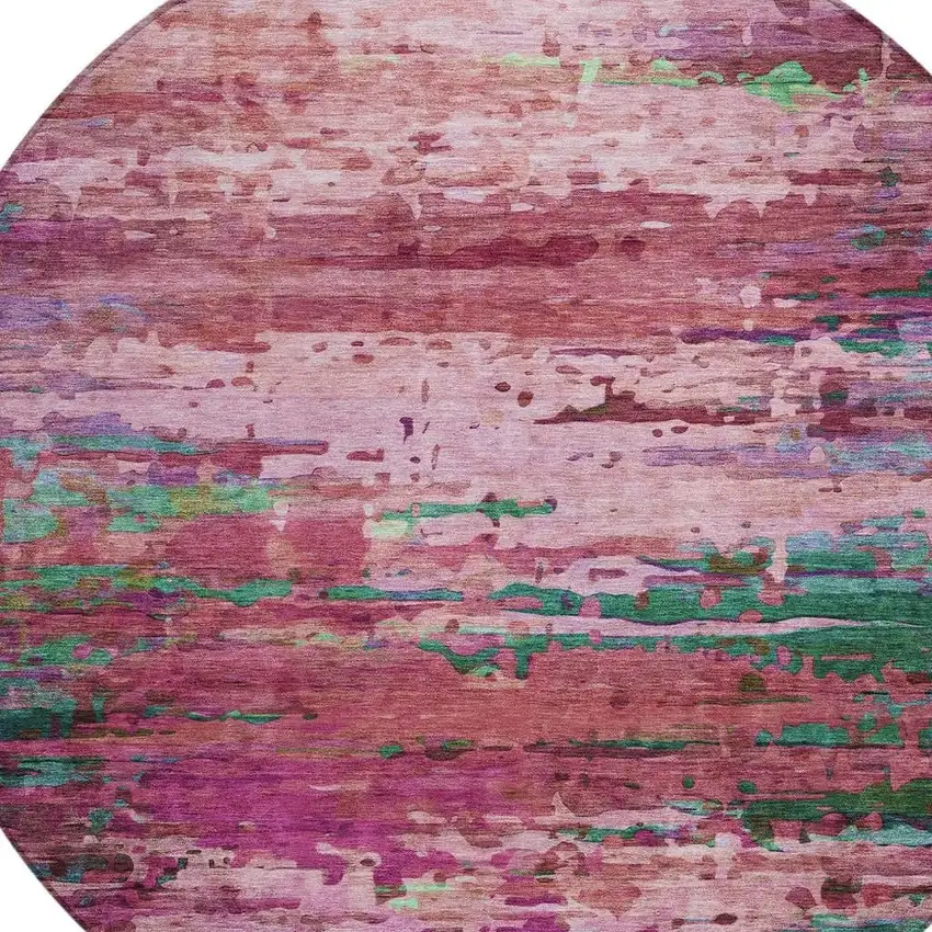 8' Pink Mauve And Green Round Abstract Washable Indoor Outdoor Area Rug Photo 9