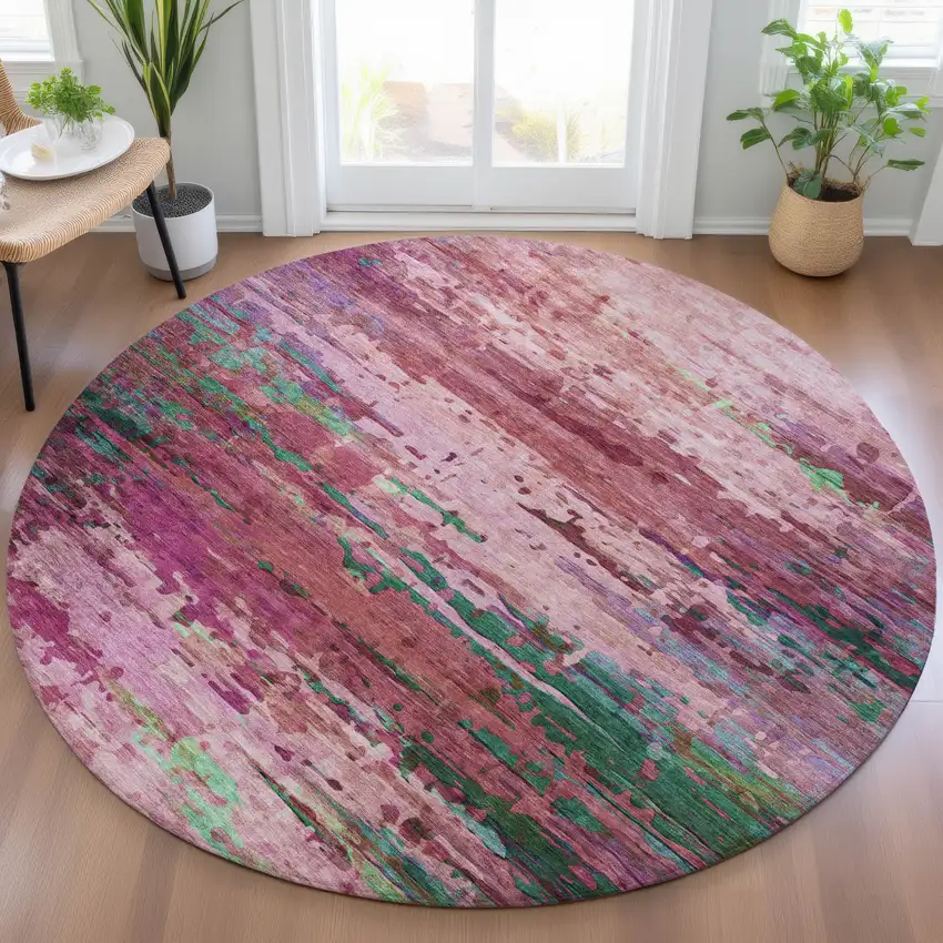 8' Pink Mauve And Green Round Abstract Washable Indoor Outdoor Area Rug Photo 6