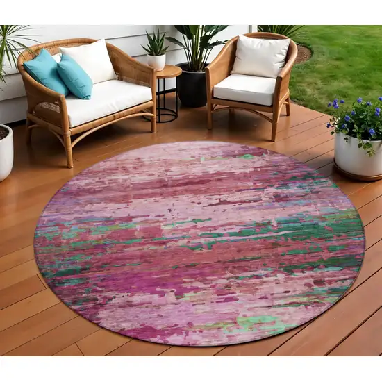 8' Pink Mauve And Green Round Abstract Washable Indoor Outdoor Area Rug Photo 2