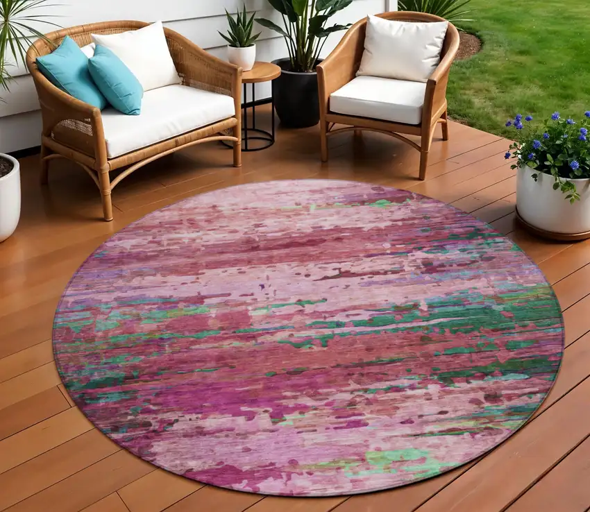 8' Pink Mauve And Green Round Abstract Washable Indoor Outdoor Area Rug Photo 2
