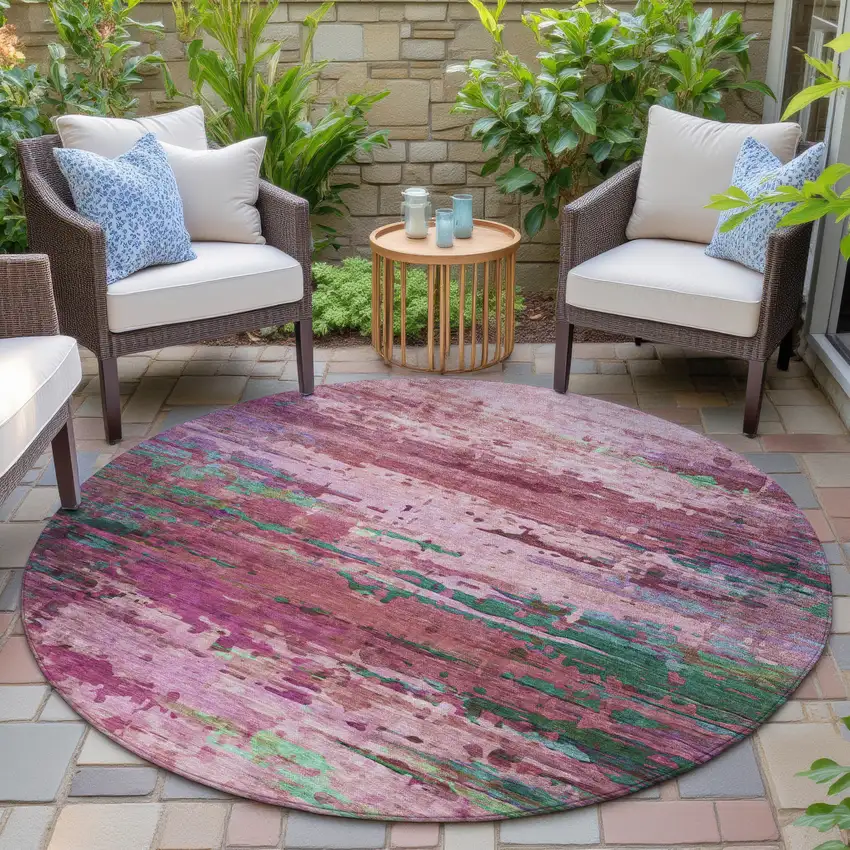 8' Pink Mauve And Green Round Abstract Washable Indoor Outdoor Area Rug Photo 7