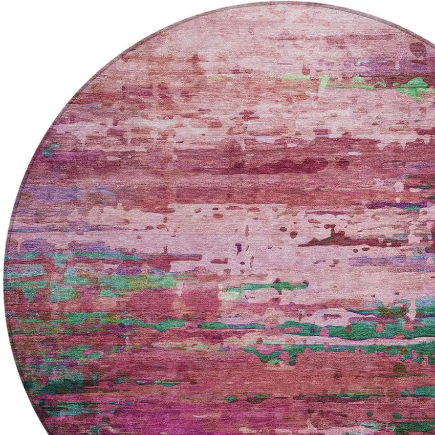 8' Pink Mauve And Green Round Abstract Washable Indoor Outdoor Area Rug Photo 4