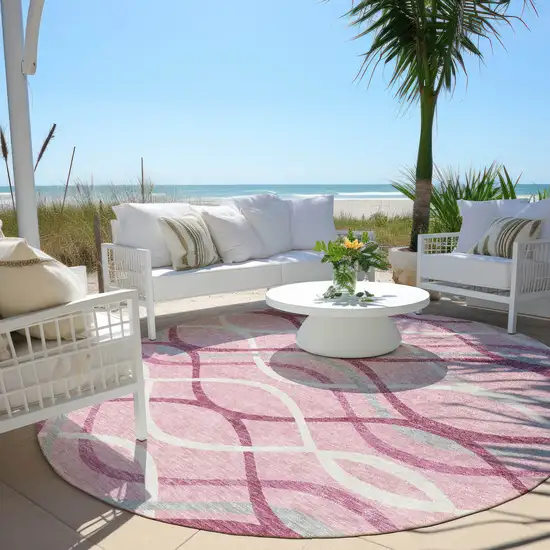 8' Pink Mauve And Ivory Round Abstract Washable Indoor Outdoor Area Rug Photo 6