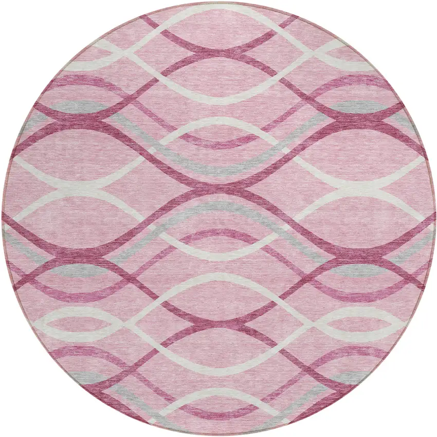 8' Pink Mauve And Ivory Round Abstract Washable Indoor Outdoor Area Rug Photo 1