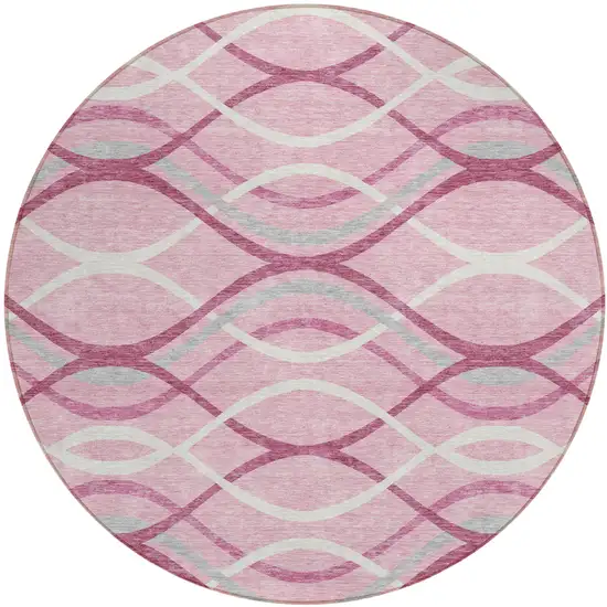 8' Pink Mauve And Ivory Round Abstract Washable Indoor Outdoor Area Rug Photo 1