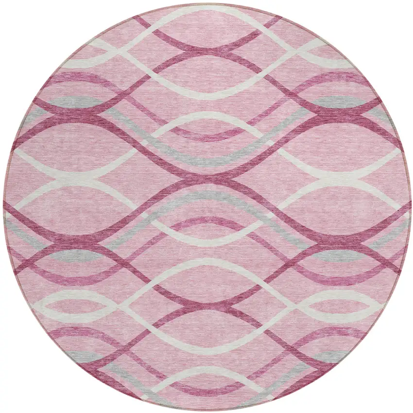 8' Pink Mauve And Ivory Round Abstract Washable Indoor Outdoor Area Rug Photo 1