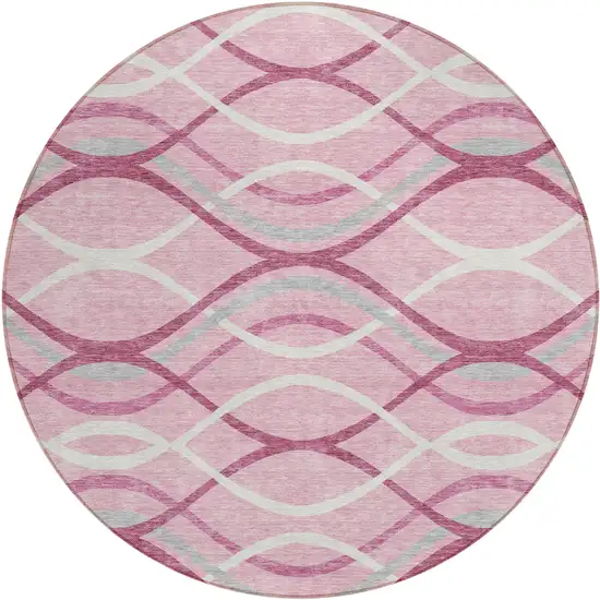 8' Pink Mauve And Ivory Round Abstract Washable Indoor Outdoor Area Rug Photo 1