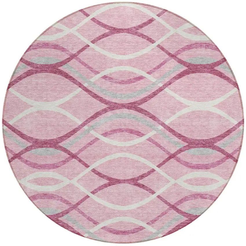 8' Pink Mauve And Ivory Round Abstract Washable Indoor Outdoor Area Rug Photo 5