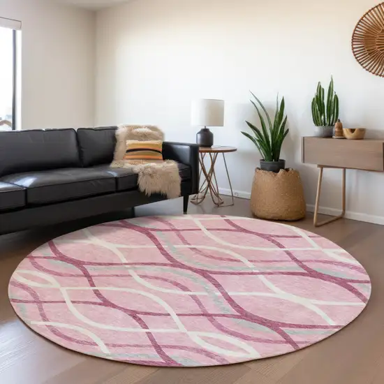 8' Pink Mauve And Ivory Round Abstract Washable Indoor Outdoor Area Rug Photo 7